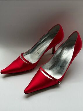 Vera Wang Red Satin Pointed Pumps with Accent Strap